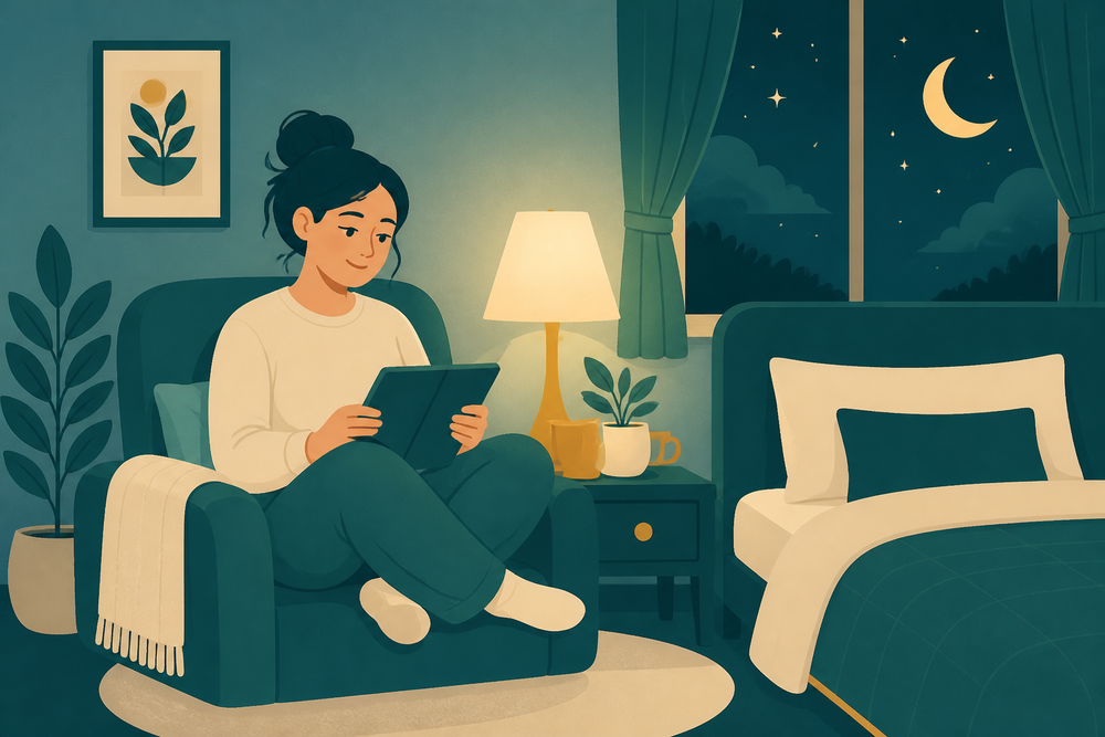 A person reading calmly at night by lamplight, with a crescent moon outside the window